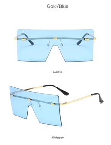 Front and 45-degree angle of rimless gradient blue lens sunglasses with gold frames