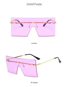Front and 45-degree views of rimless square sunglasses with pink-purple gradient lenses