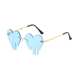 Frameless heart sunglasses with blue melting water drop lenses and gold temples