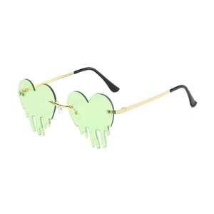 Frameless heart shaped sunglasses with dripping water effect and green tinted lenses