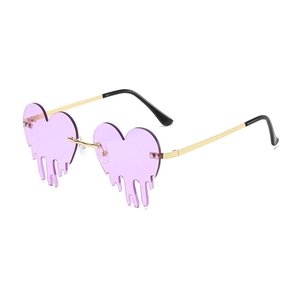 Melting heart rimless sunglasses with purple gradient lenses and gold metal temples