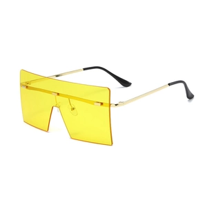 Fashion rimless square sunglasses with yellow gradient lenses and gold metal temples