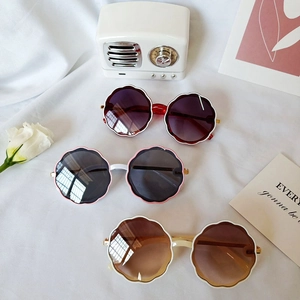 Retro round flower frame sunglasses for kids in red pink and cream white colors