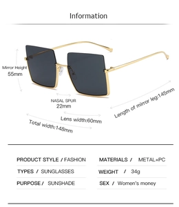 Detailed dimensions of oversized square sunglasses with gold metal frame and measurements