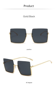 Front and side 45-degree macro views of square gold and black frame sunglasses