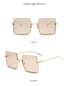 Detailed front and side views of gold square oversized sunglasses with light brown lenses