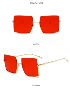 Front and 45-degree side views of gold square sunglasses with vibrant red lenses