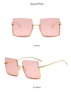 Front and 45-degree views of square gold metal sunglasses with pink gradient lenses