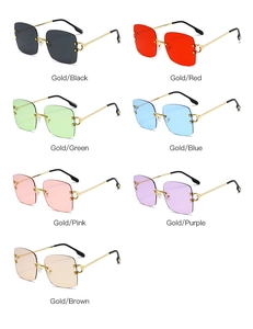 Detailed grid of oversized square rimless sunglasses in seven vibrant lens colors