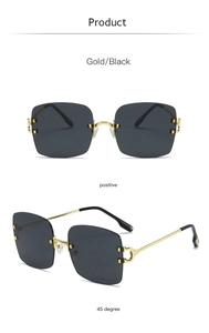 Detail of square rimless sunglasses showing gold metal C-hinge and dark lenses