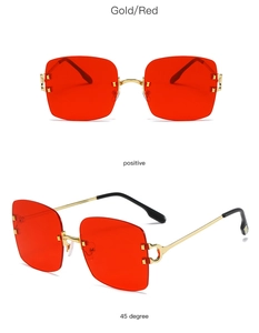 Front and side views of gold rimless square sunglasses with fashion red lenses