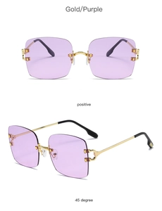 Detailed views of gold rimless sunglasses with purple gradient lenses and metal frames