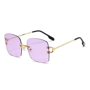 Retro square rimless sunglasses with purple lenses and C-shape gold metal accents