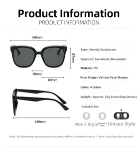 Detailed size guide and measurements for oversized square frame fashion sunglasses