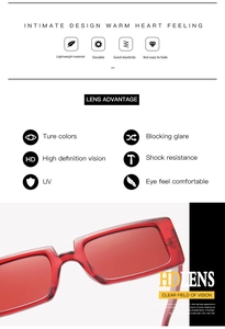 Detail view of red square sunglasses highlighting HD lens and UV protection features