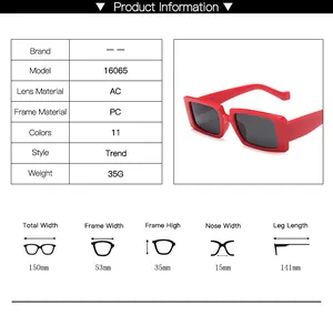 Detailed size chart for square frame sunglasses with precise lens and frame dimensions