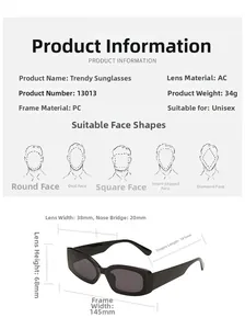 Detailed sizing chart for rectangular sunglasses showing lens dimensions and frame weight