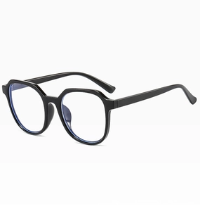 Retro ronde bril met blauw licht filter en glanzend zwarte geometrische montuur stijl
