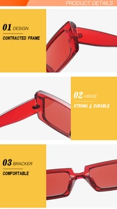 Detail of red transparent rectangle sunglasses with durable metal hinges and nose pads