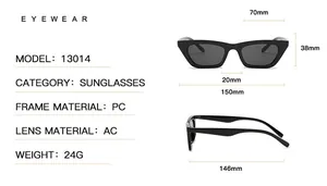 Detailed sizing chart and specifications for vintage cat-eye sunglasses with PC frame