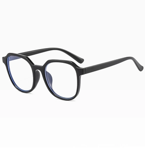 Detailweergave van de ronde blauwlichtfilter bril met zwart vintage montuur retro