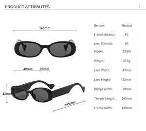 Detailed size chart for retro oval sunglasses showing frame and lens dimensions