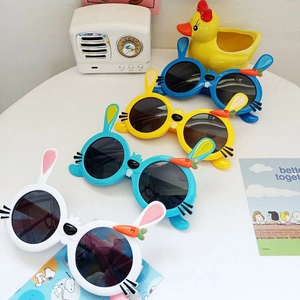 Polarized cartoon rabbit kids sunglasses in white, cyan, yellow, and blue colors
