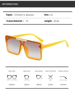 Detailed size chart for square kids sunglasses featuring PC frame and AC lens dimensions