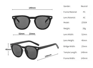 Detailed sizing chart and specifications for vintage UV protection black sunglasses