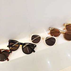 Stylish large frame retro sunglasses in various colors on a minimalist white stand