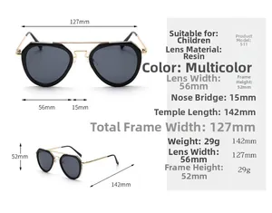Detailed size specifications and dimensions for kids polygonal pilot sunglasses model 511
