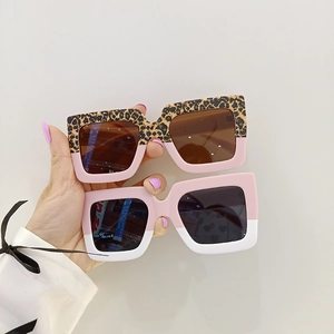 Matte square leopard print UV400 sunglasses for kids in pink and white color blocking