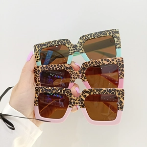 Square leopard print kids sunglasses with UV400 protection and color block frame design