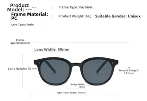 Detailed size specifications for black oversized PC frame sunglasses with resin lenses