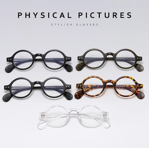 Detailed view of retro round optical frames in black, olive, and tortoiseshell colors