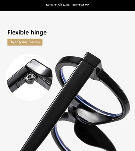 Close-up of flexible metal hinge and high-quality painting on black round optical frames