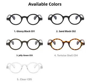 Front view of five color options for vintage round frame glasses with colors C01 to C05
