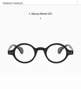 Detailed view of glossy black round optical frames with vintage silver hinge rivets