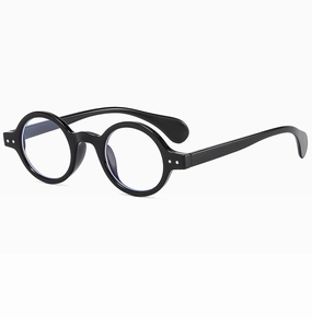 Detailed view of vintage round black glasses frame with silver stud accents and glossy finish