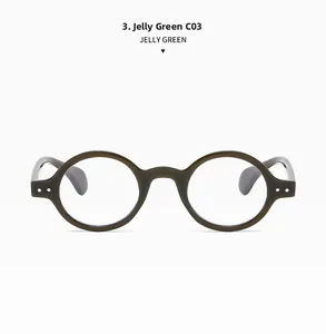 Detailed close-up of jelly green retro round optical frame glasses with silver rivets