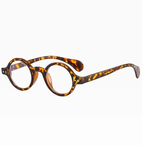 Detail view of round tortoise shell eyeglass frames with metallic hinge accents