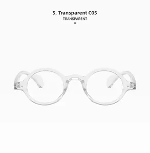 Detail of bright transparent round frame glasses with high-quality polished finish