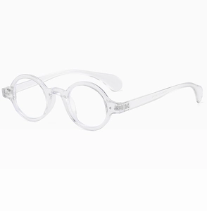 Detail of trendy clear round optical frames showing transparent resin material and structure