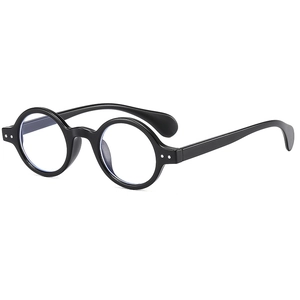 Retro black round frame glasses with silver rivet accents and transparent lenses