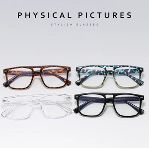Detailansicht der quadratischen Retro-Brille mit Doppelsteg in vier verschiedenen Farben