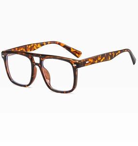 Detailansicht der quadratischen Schildpatt-Brille mit Doppelsteg und klaren Gläsern