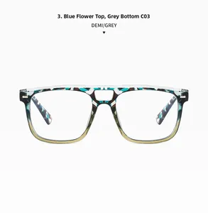 Detailansicht Modell C03 Retro-Brille mit blau-grauem Schildpattmuster und Doppelsteg