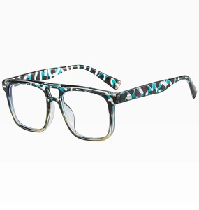 Nahaufnahme der Retro-Doppelstegbrille mit blauem Tarnmuster-Rahmen-Design