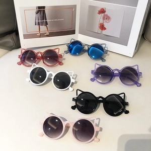Collection of colorful cat-ear round children's sunglasses in six vibrant color styles