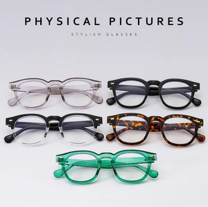 Detailed physical view of five assorted color anti-blue light eyeglass frames in flat layout